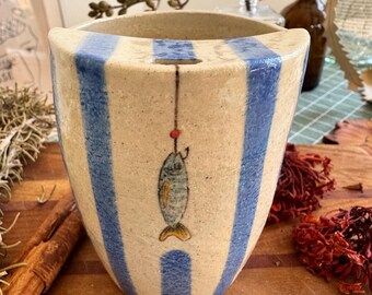 Handmade Ceramic Travel Mug with Hand-Painted Fish | Unique Coffee Mug