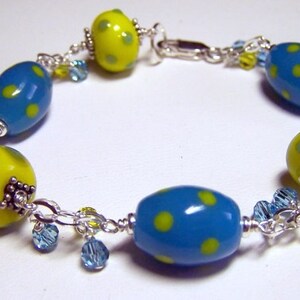 Glass Beads and Sterling Silver Bracelet - Yellow & Blue Dot / Clearance Jewelry / Gifts for Her/ Art Glass/ Dotted/ Beaded