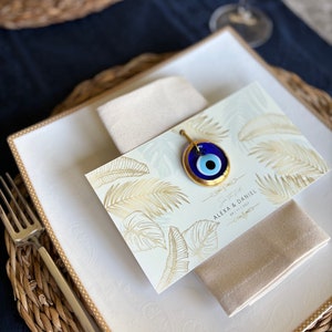 Personalisierte Hochzeit favor, kundenspezifische Engagemnet Geschenk, 20 Stück, Hochzeitsgeschenk, Gold böse Augen, anpassbare Soft-Karte Design, Glasperlen,