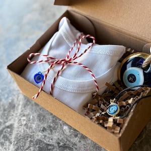 Cadeau voor pasgeborenen, aanpasbaar kaartontwerp, geluksarmband, biologisch babylichaam, boze oog, gepersonaliseerde geschenkdoos, cadeau voor moeder,