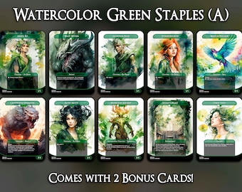 Aquarelle Green Staples (A) – Jeu de 10 cartes – Livré avec 2 cartes bonus – Cartes proxy MTG – Qualité supérieure