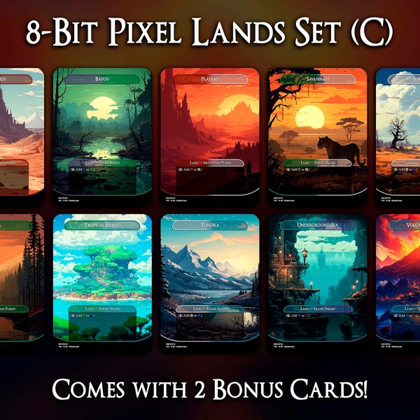 Ensemble Pixel Lands 8 bits (C) – Ensemble de 10 cartes – Livré avec 2 cartes bonus – Cartes proxy MTG – Qualité supérieure