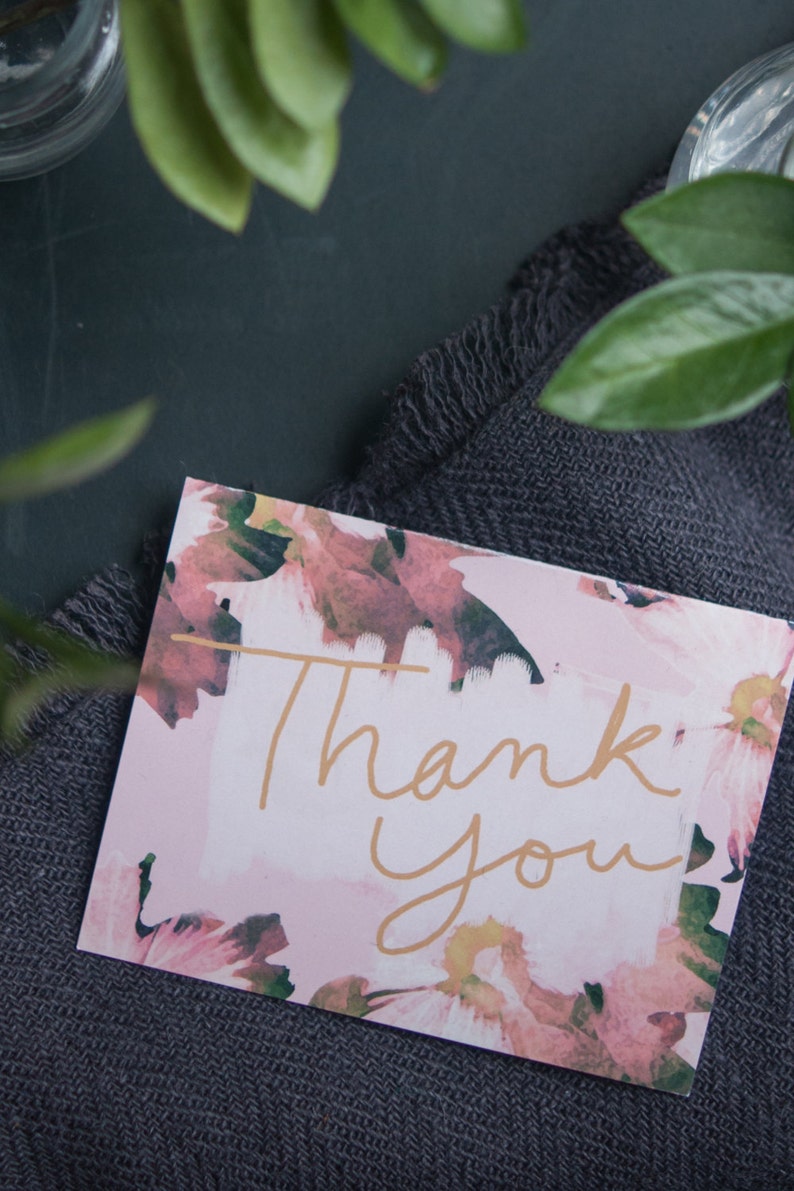 Floral Print Art Hand Lettered Watercolor Flowers Cursive Thank You Card Pink and Gold Blank Inside