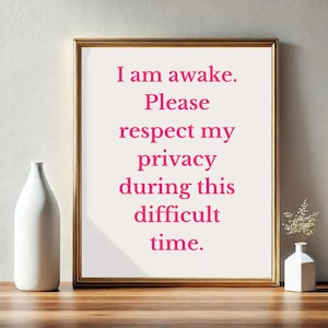 Könnte beinhalten: Ein gerahmter Druck mit einer pinkfarbenen Botschaft, die lautet: "Ich bin wach. Bitte respektiere meine Privatsphäre in dieser schwierigen Zeit."