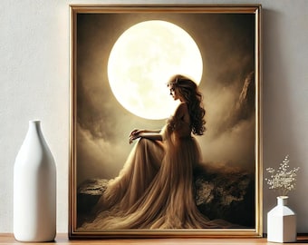 Póster Art Nouveau de la Diosa Lunar Selene: Mitología Griega (Descarga digital)