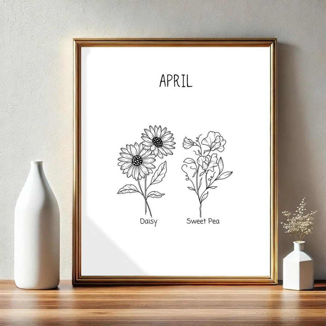 April Birth Flowers Poster | Daisy and Sweet Pea | Retro Wall Art