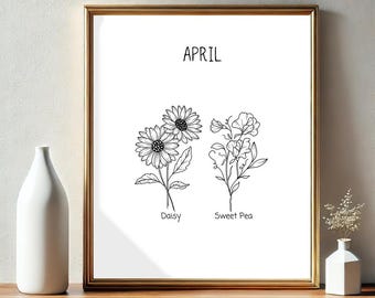 April Birth Flowers Poster | Daisy and Sweet Pea | Retro Wall Art