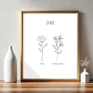 June Birth Flowers Poster | Rose and Honeysuckle | Retro Wall Art