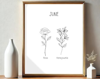 June Birth Flowers Poster | Digital Download | Rose and Honeysuckle | Retro Wall Art