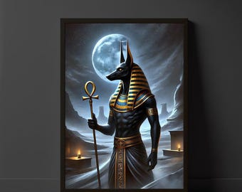 May include: An illustration of Anubis, the Egyptian god of the dead, depicted as a jackal-headed human with a golden collar and holding a staff with an ankh symbol. The background is a dark blue sky with a full moon.