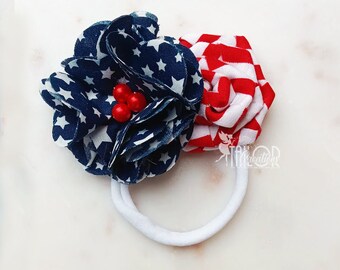 4th of July Patriotic Fabric Flowers Headband, American Flag headband, Baby 4th of July Barefoot Sandals, Baby Headband, Toddler Hiar Clip