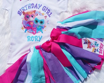 Tenue d'anniversaire personnalisée Superkitties en tissu tutu, chemise d'anniversaire Super Kitties, tenue de fête d'été, tenue d'anniversaire rose, turquoise et violet