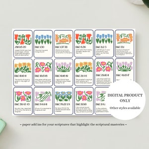 Könnte beinhalten: Ein rechteckiges Blatt mit achtzehn einzelnen Karten mit dunkelblauem Rand. Jede Karte zeigt eine farbenfrohe Blumenillustration und einen Schrifttext. Ein weißer Kreis enthält den Text DIGITAL PRODUCT ONLY.