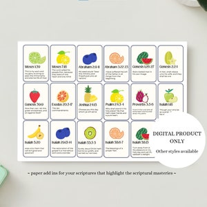 May include: A rectangular sheet featuring eighteen individual cards, each displaying a colorful fruit illustration paired with a specific Bible verse and reference. The cards are arranged in three rows of six, with dark blue borders on a white background.