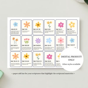 May include: A digital product featuring a collection of scripture mastery cards. Each card displays a scripture reference and a floral illustration in various colors. The cards are arranged on a white background, with text that reads "DIGITAL PRODUCT ONLY".