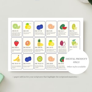 Op de afbeelding: Een rechthoekig vel met vijftien individuele kaarten met donkerblauwe randen. Elke kaart toont een kleurrijke fruitillustratie en een schriftverwijzing. Een witte cirkelvormige overlay vermeldt DIGITAL PRODUCT ONLY.