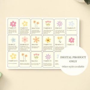 Puede incluir: Una hoja rectangular con dieciocho tarjetas individuales dispuestas en cuadrícula. Cada tarjeta muestra una ilustración floral en tonos pastel, una referencia bíblica y texto. Un círculo blanco superpuesto indica DIGITAL PRODUCT ONLY.