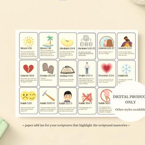 Peut inclure: Une feuille rectangulaire présentant quinze cartes individuelles, chacune affichant une icône colorée unique et une référence biblique spécifique avec son texte. Les icônes incluent un soleil, un palmier, un haricot, un cœur et un marteau.