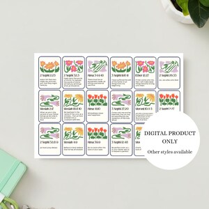 May include: A rectangular sheet featuring eighteen individual cards arranged in three rows. Each card contains a unique floral illustration in orange, pink, or purple, paired with a specific scripture reference and text. A circular white overlay reads DIGITAL PRODUCT ONLY. Other styles available.