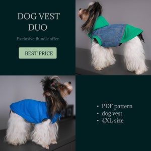May include: Two dog vests in different colors, blue and green, with a denim jacket overlay on the green vest. The vests are shown on a small dog. The text "DOG VEST DUO" and "Exclusive Bundle offer" is displayed above the image. The text "BEST PRICE" is displayed in a green button below the text. The text "PDF pattern, dog vest, 4XL size" is displayed on the right side of the image.