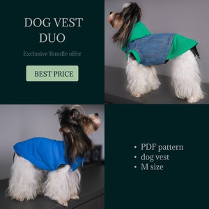 May include: Two dog vests in blue and green with a denim jacket overlay. The vests are for a small dog and have a zipper closure. The text on the image reads "DOG VEST DUO Exclusive Bundle offer BEST PRICE" and "PDF pattern dog vest M size".
