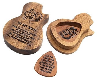 Wooden Guitar Picks Box, Engraved Guitar Pick Holder Storage, Guitar Plectrum Case Organizer, Gift for Guitarist Musician