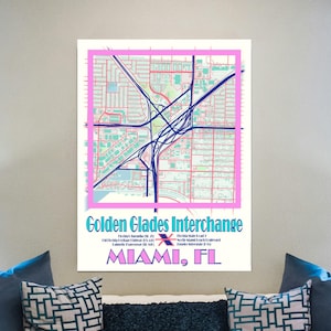 Metal Print Golden Glades Interchange: Miami-kaartkunst, Miami-kaartprint, Miami Art Print, hedendaagse kunst, stedelijke kunst, kunst Florida