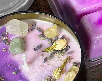 Spiritual Scented Candle with Charged Crystals, Dried Flowers, Various Options, Gift, Aroma, Meditation, Healing, Higher Self, Gratitude