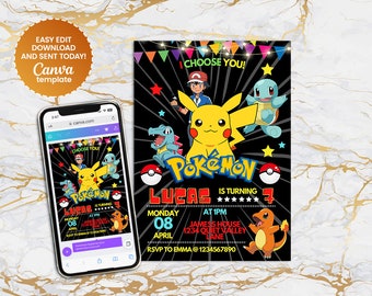 Invito di compleanno Pokemone / Invito Pikachu / Invito stampabile modificabile DIGITALE / Download istantaneo