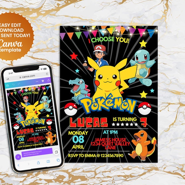 Pokemone Birthday Invitation | Pikachu invite | DIGITAL Editable Printable Invite | Instant Download