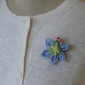 Blue Gingham Themed Fabric Flower Brooch, Flower Pin - Handmade Fabric Flower
