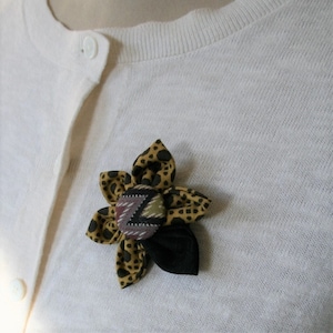 Black Themed Fabric Flower Brooch, Flower Pin - Handmade Fabric Flower