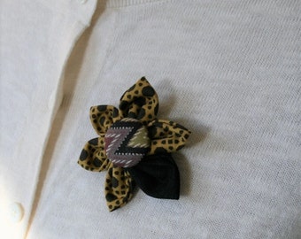 Black Themed Fabric Flower Brooch, Flower Pin - Handmade Fabric Flower