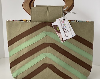 Tan Canvas Stoff handgemachte Handtasche, Stoff handgemachte Geldbörse, Abendtasche, Veronica Collection/Eliza Bag