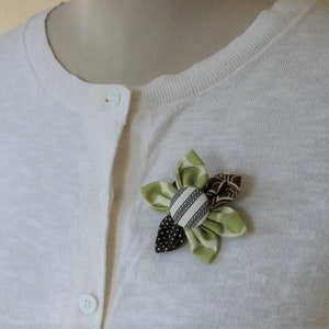 Green and Brown Themed Fabric Flower Brooch, Flower Pin - Handmade Fabric Flower