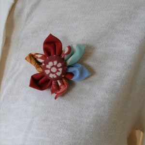 Red Themed Fabric Flower Brooch, Flower Pin - Handmade Fabric Flower