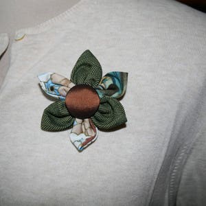 Green Fabric Flower Brooch, Flower Pin - Handmade Fabric Flower