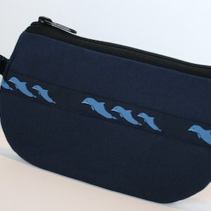 VERKOOP marineblauw dolfijn lint stof schoudertasje, IPhone schoudertasje, SmartPhone schoudertasje, ritssluiting schoudertasje