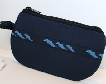 SALE Navy Blue Dolphin Ribbon Fabric Wristlet, IPhone Wristlet, SmartPhone Wristlet, Zippered Wristlet