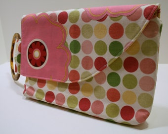 Pink Polka Dot Fabric Clutch Bag, Wristlet Bag, Girls Night Out Bag, Fun Evening Clutch, Tricia Bag