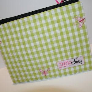 Green Gingham Butterflies Fabric Cosmetic Bag, Medium Size Make up Bag, Makeup Travel Bag, Lined Makeup Bag