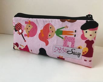 Pink Ladies Fabric Make up Bag, Small Size Cosmetic Bag, Travel Makeup Bag, Lined Makeup Bag