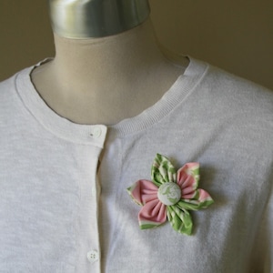 Pink and Green Themed Fabric Flower Brooch, Flower Pin - Handmade Fabric Flower