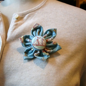Blue Sailing Theme Fabric Flower Brooch, Flower Pin - Handmade Fabric Flower