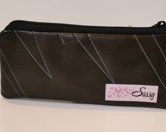 Brown Vinyl Fabric Makeup Bag, Small Size Cosmetic Bag, Travel Make up Bag, Lined Makeup Bag