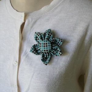 Blue and Brown Themed Fabric Flower Brooch, Flower Pin - Handmade Fabric Flower