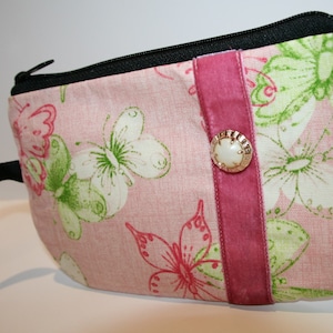 Pink and Green Butterfly Fabric Wristlet, Smart Phone Wristlet, Zippered Wristlet, iPhone Wristlet