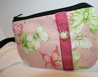 Pink and Green Butterfly Fabric Wristlet, Smart Phone Wristlet, Zippered Wristlet, iPhone Wristlet