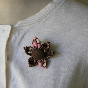 Pink and Brown Themed Fabric Flower Brooch, Flower Pin - Handmade Fabric Flower