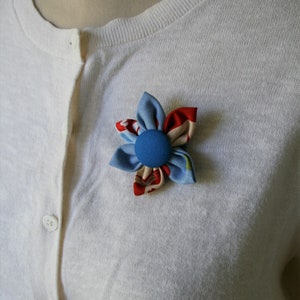 Blue and Red Themed Fabric Flower Brooch, Flower Pin - Handmade Fabric Flower